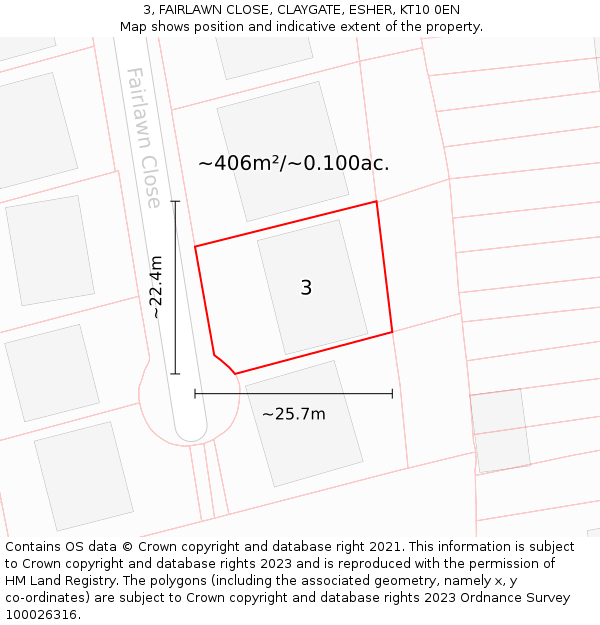 3, FAIRLAWN CLOSE, CLAYGATE, ESHER, KT10 0EN: Plot and title map