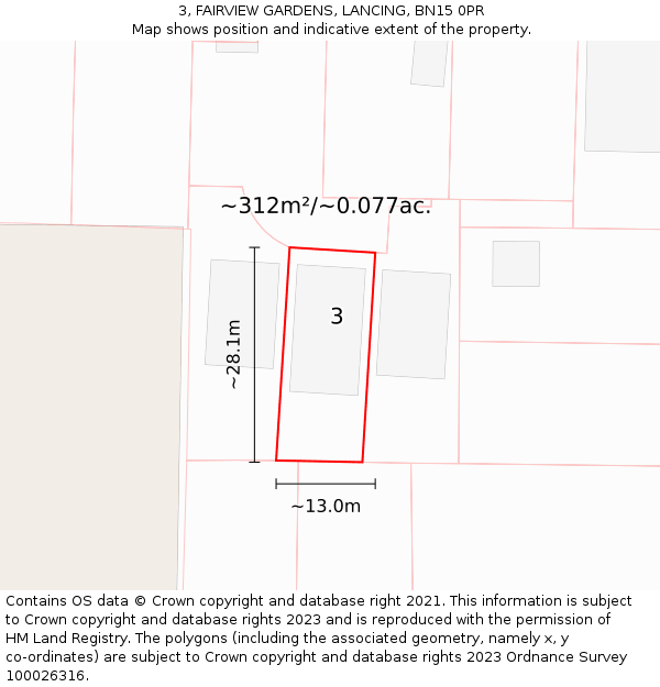 3, FAIRVIEW GARDENS, LANCING, BN15 0PR: Plot and title map