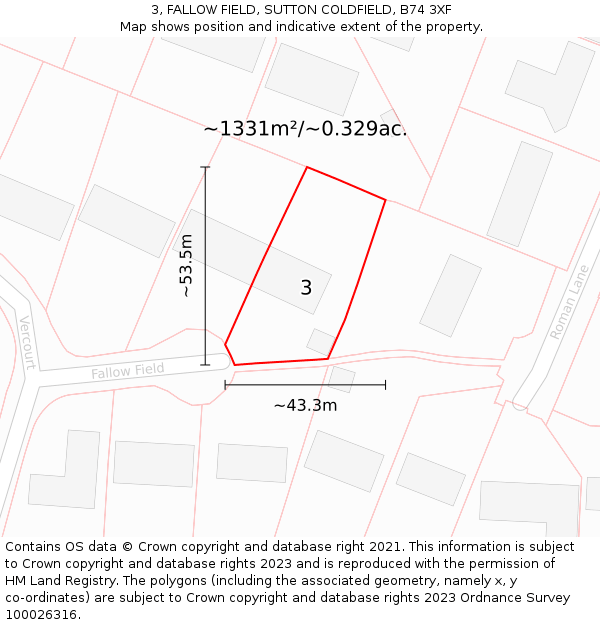 3, FALLOW FIELD, SUTTON COLDFIELD, B74 3XF: Plot and title map