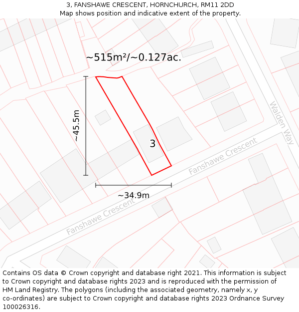 3, FANSHAWE CRESCENT, HORNCHURCH, RM11 2DD: Plot and title map
