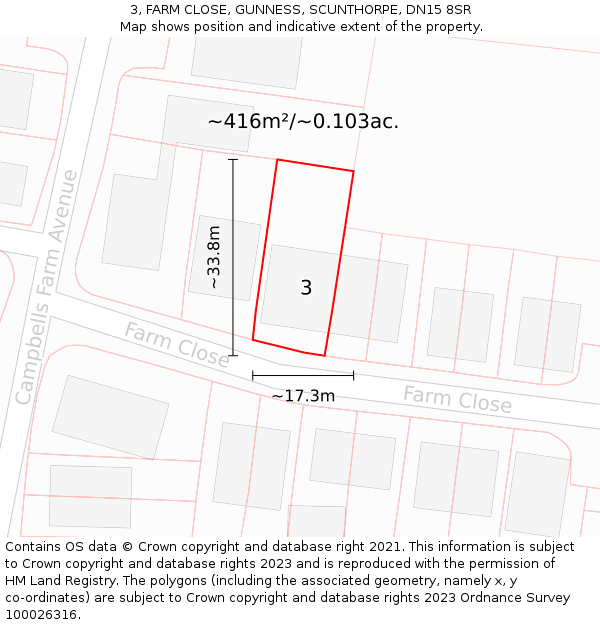 3, FARM CLOSE, GUNNESS, SCUNTHORPE, DN15 8SR: Plot and title map