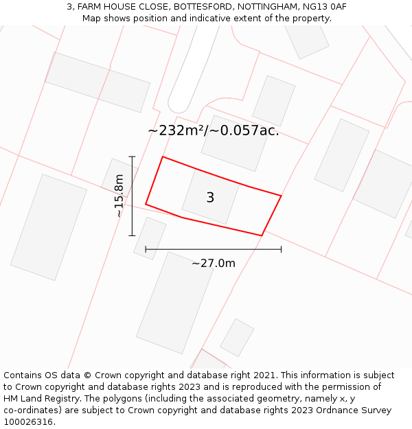 3, FARM HOUSE CLOSE, BOTTESFORD, NOTTINGHAM, NG13 0AF: Plot and title map