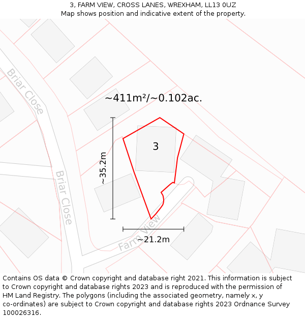 3, FARM VIEW, CROSS LANES, WREXHAM, LL13 0UZ: Plot and title map
