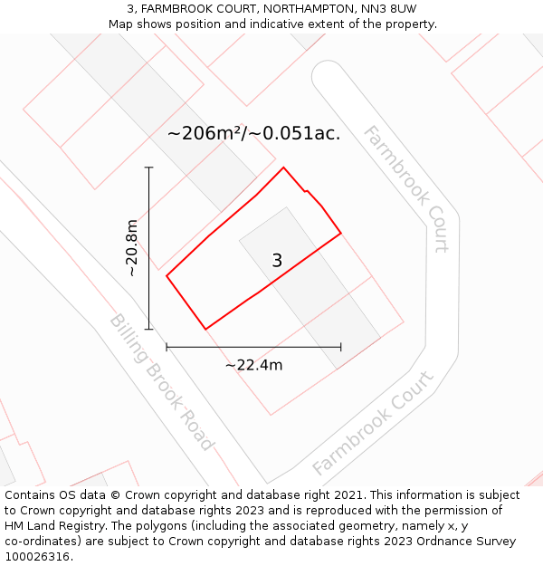 3, FARMBROOK COURT, NORTHAMPTON, NN3 8UW: Plot and title map