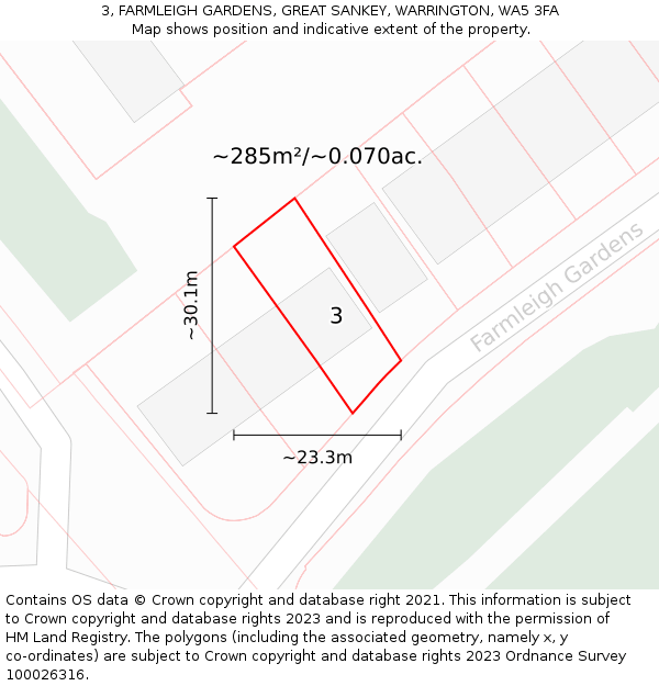 3, FARMLEIGH GARDENS, GREAT SANKEY, WARRINGTON, WA5 3FA: Plot and title map