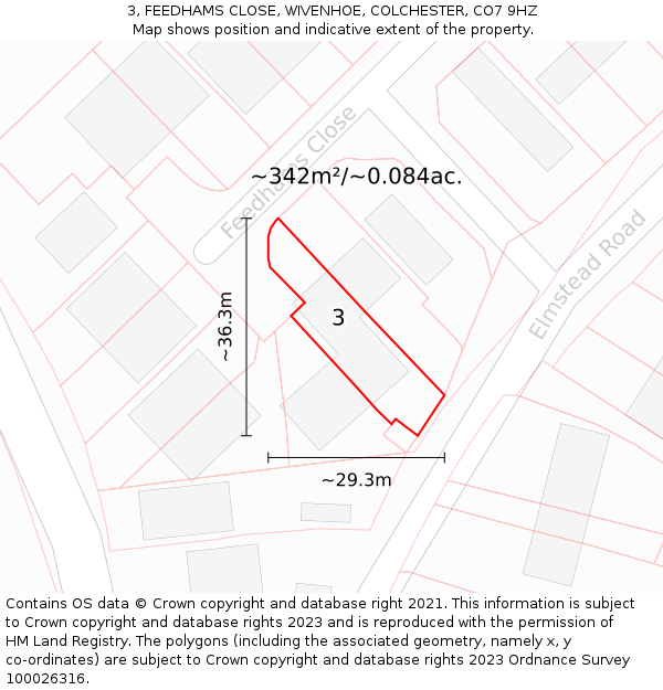 3, FEEDHAMS CLOSE, WIVENHOE, COLCHESTER, CO7 9HZ: Plot and title map