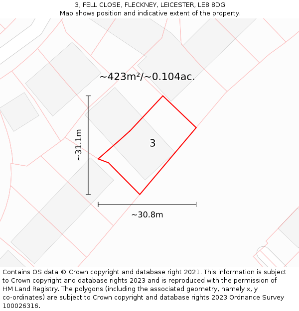3, FELL CLOSE, FLECKNEY, LEICESTER, LE8 8DG: Plot and title map