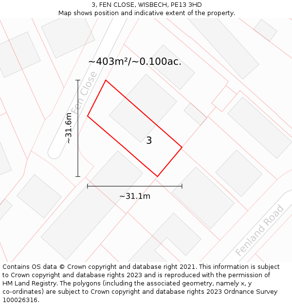 3, FEN CLOSE, WISBECH, PE13 3HD: Plot and title map