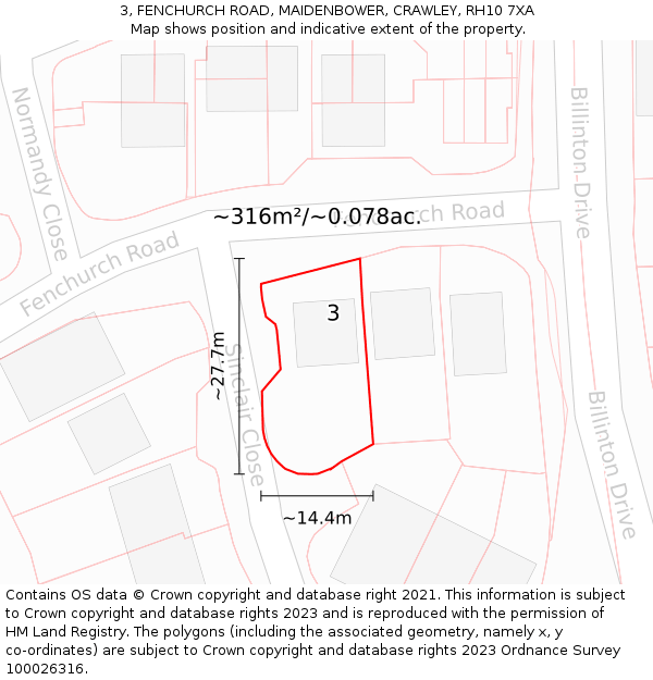 3, FENCHURCH ROAD, MAIDENBOWER, CRAWLEY, RH10 7XA: Plot and title map