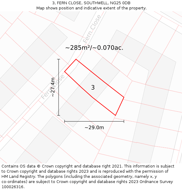 3, FERN CLOSE, SOUTHWELL, NG25 0DB: Plot and title map