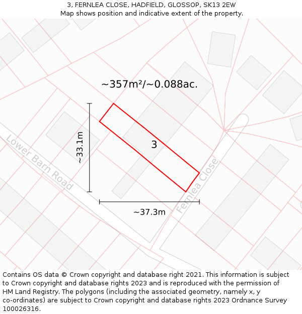 3, FERNLEA CLOSE, HADFIELD, GLOSSOP, SK13 2EW: Plot and title map