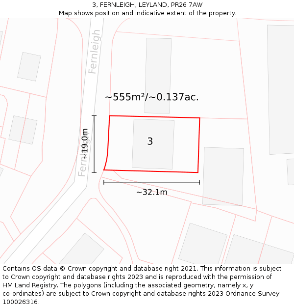 3, FERNLEIGH, LEYLAND, PR26 7AW: Plot and title map