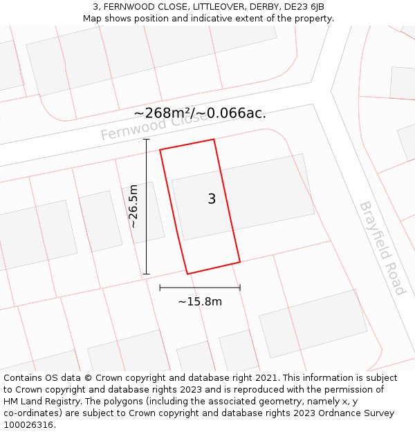 3, FERNWOOD CLOSE, LITTLEOVER, DERBY, DE23 6JB: Plot and title map