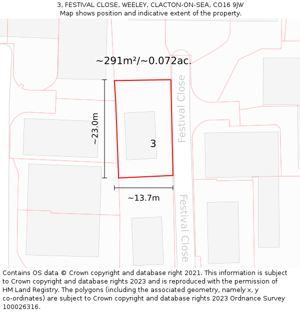 3, FESTIVAL CLOSE, WEELEY, CLACTON-ON-SEA, CO16 9JW: Plot and title map