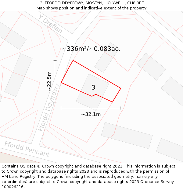 3, FFORDD DDYFRDWY, MOSTYN, HOLYWELL, CH8 9PE: Plot and title map