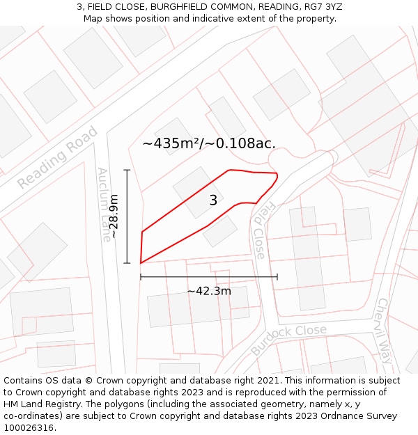 3, FIELD CLOSE, BURGHFIELD COMMON, READING, RG7 3YZ: Plot and title map