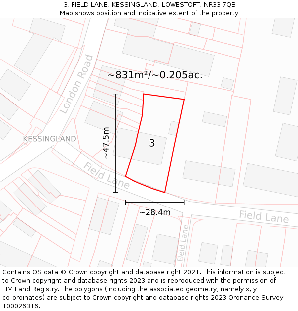 3, FIELD LANE, KESSINGLAND, LOWESTOFT, NR33 7QB: Plot and title map