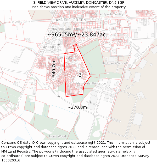 3, FIELD VIEW DRIVE, AUCKLEY, DONCASTER, DN9 3GR: Plot and title map