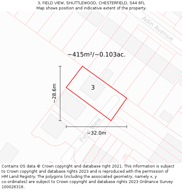 3, FIELD VIEW, SHUTTLEWOOD, CHESTERFIELD, S44 6FL: Plot and title map