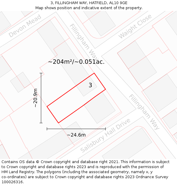 3, FILLINGHAM WAY, HATFIELD, AL10 9GE: Plot and title map