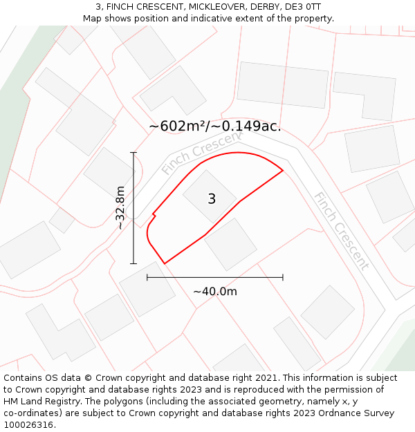 3, FINCH CRESCENT, MICKLEOVER, DERBY, DE3 0TT: Plot and title map