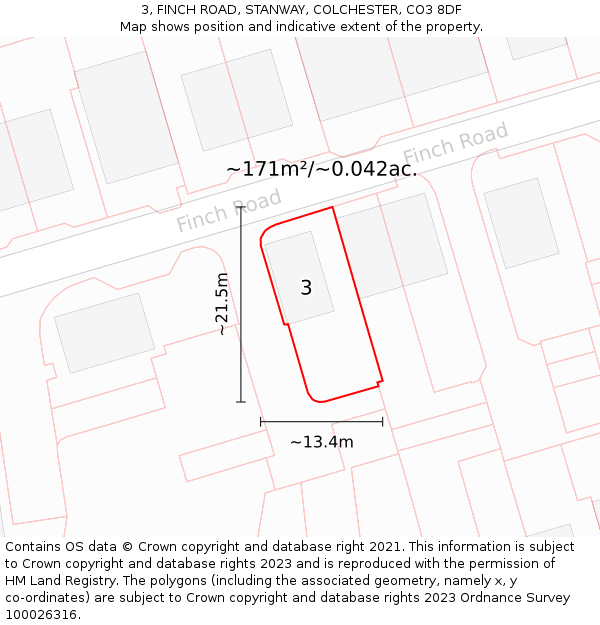 3, FINCH ROAD, STANWAY, COLCHESTER, CO3 8DF: Plot and title map