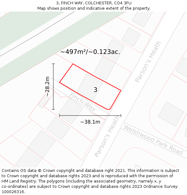 3, FINCH WAY, COLCHESTER, CO4 3FU: Plot and title map
