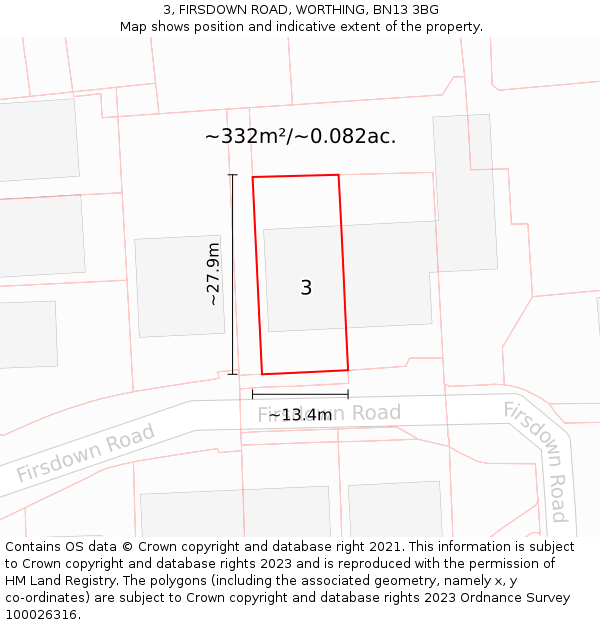 3, FIRSDOWN ROAD, WORTHING, BN13 3BG: Plot and title map
