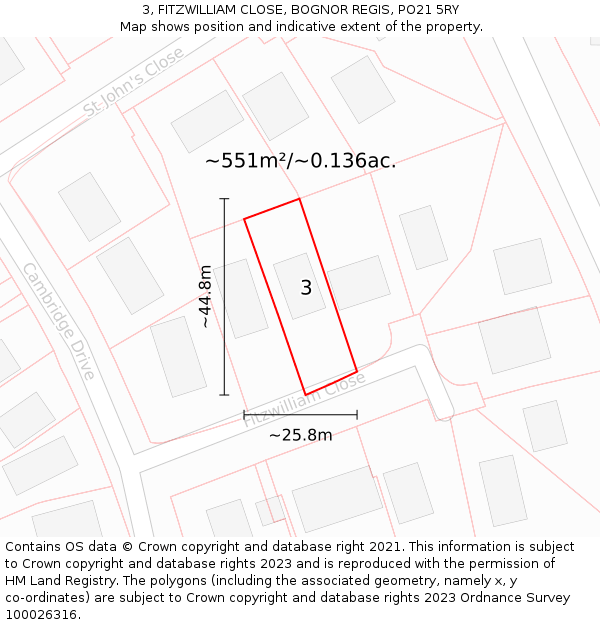 3, FITZWILLIAM CLOSE, BOGNOR REGIS, PO21 5RY: Plot and title map
