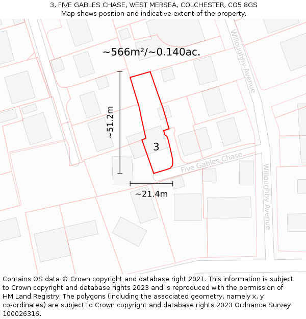 3, FIVE GABLES CHASE, WEST MERSEA, COLCHESTER, CO5 8GS: Plot and title map