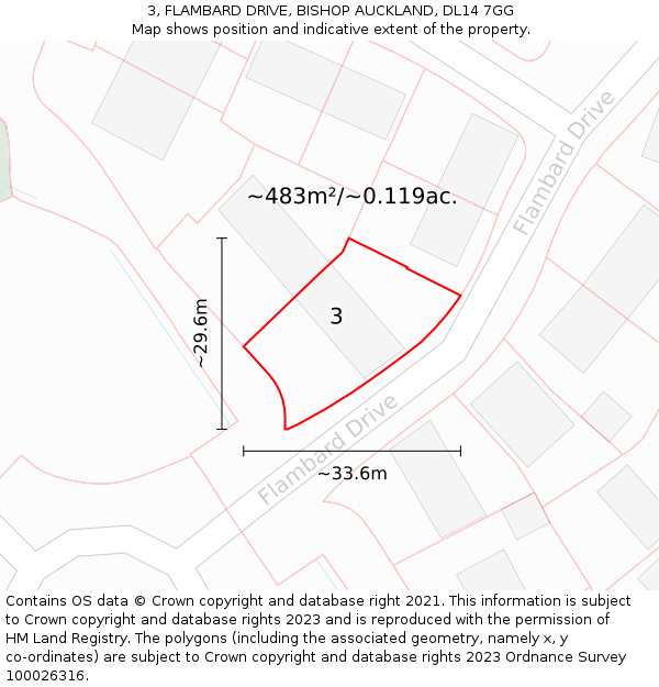 3, FLAMBARD DRIVE, BISHOP AUCKLAND, DL14 7GG: Plot and title map