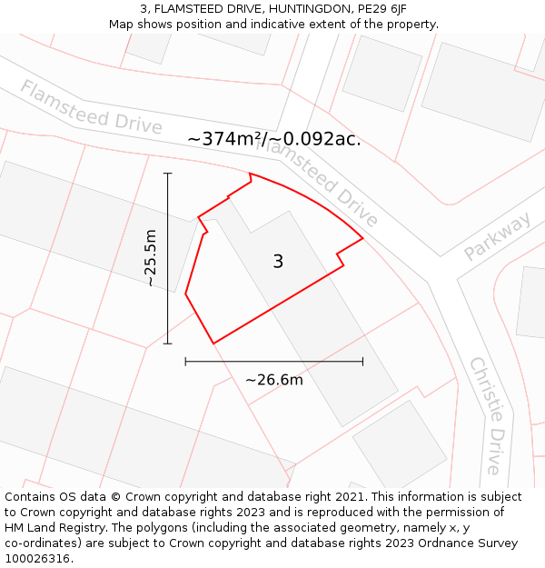 3, FLAMSTEED DRIVE, HUNTINGDON, PE29 6JF: Plot and title map