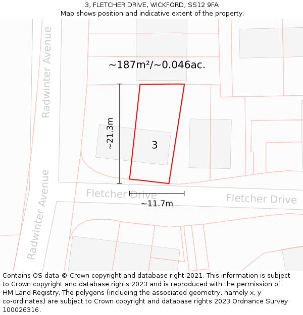 3, FLETCHER DRIVE, WICKFORD, SS12 9FA: Plot and title map
