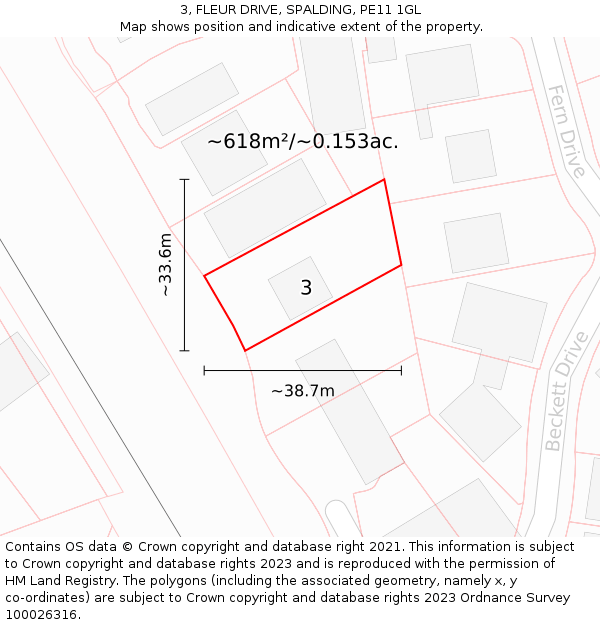 3, FLEUR DRIVE, SPALDING, PE11 1GL: Plot and title map