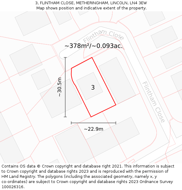 3, FLINTHAM CLOSE, METHERINGHAM, LINCOLN, LN4 3EW: Plot and title map