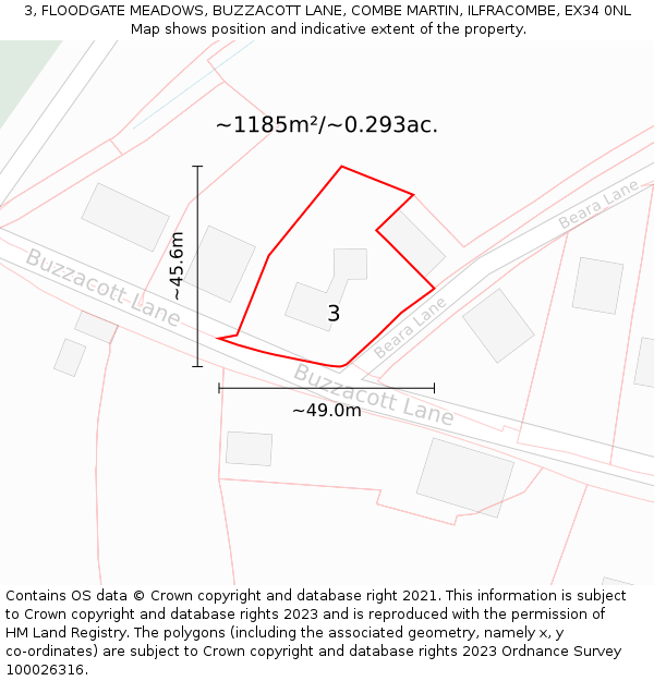 3, FLOODGATE MEADOWS, BUZZACOTT LANE, COMBE MARTIN, ILFRACOMBE, EX34 0NL: Plot and title map