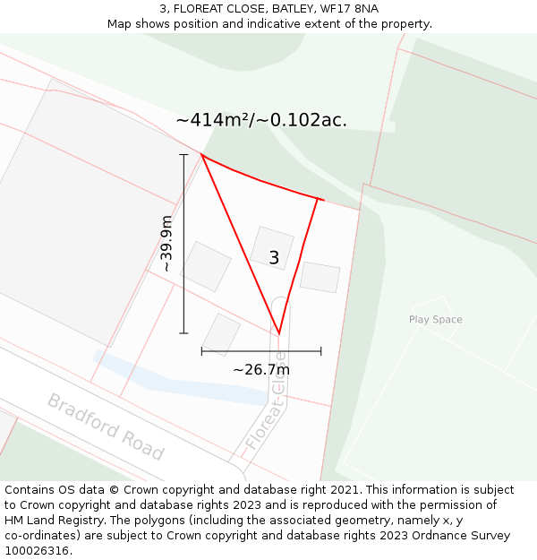 3, FLOREAT CLOSE, BATLEY, WF17 8NA: Plot and title map