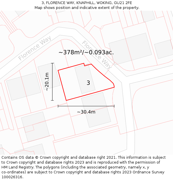 3, FLORENCE WAY, KNAPHILL, WOKING, GU21 2FE: Plot and title map