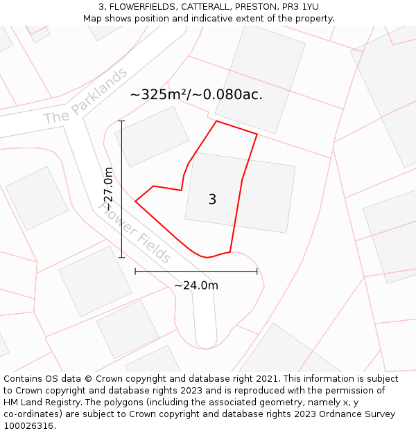 3, FLOWERFIELDS, CATTERALL, PRESTON, PR3 1YU: Plot and title map
