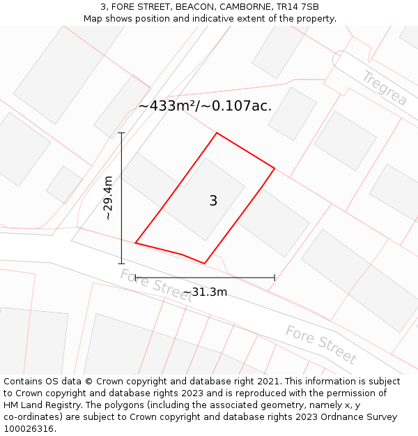 3, FORE STREET, BEACON, CAMBORNE, TR14 7SB: Plot and title map