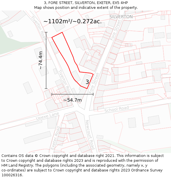 3, FORE STREET, SILVERTON, EXETER, EX5 4HP: Plot and title map