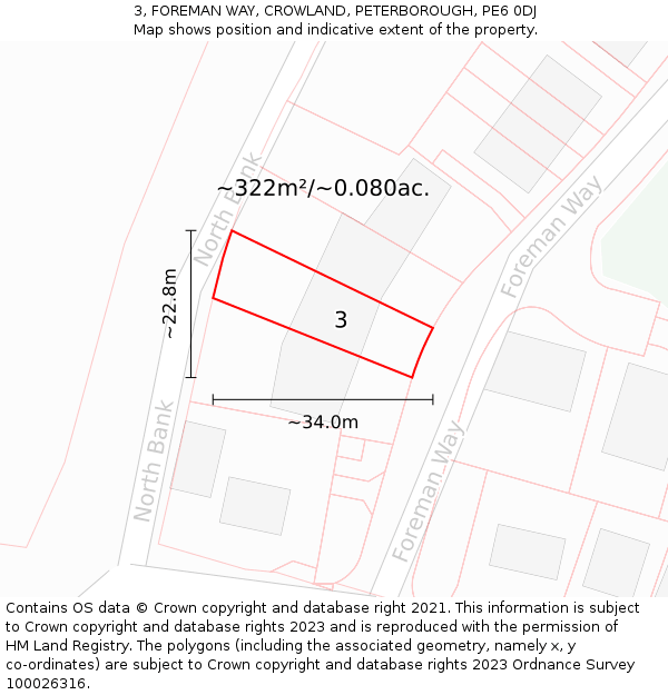 3, FOREMAN WAY, CROWLAND, PETERBOROUGH, PE6 0DJ: Plot and title map