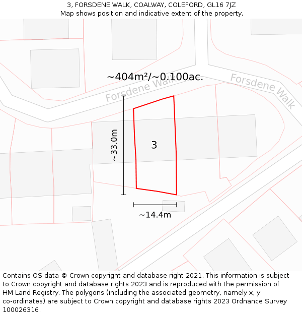3, FORSDENE WALK, COALWAY, COLEFORD, GL16 7JZ: Plot and title map