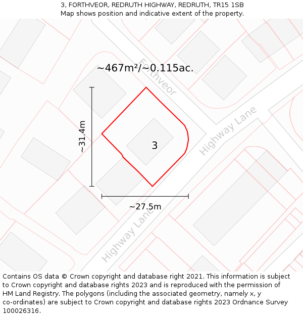 3, FORTHVEOR, REDRUTH HIGHWAY, REDRUTH, TR15 1SB: Plot and title map