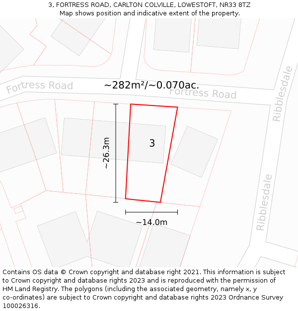 3, FORTRESS ROAD, CARLTON COLVILLE, LOWESTOFT, NR33 8TZ: Plot and title map
