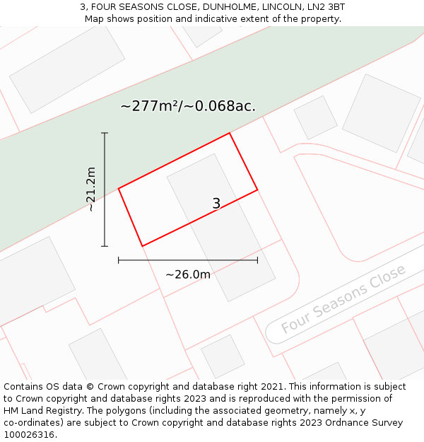 3, FOUR SEASONS CLOSE, DUNHOLME, LINCOLN, LN2 3BT: Plot and title map