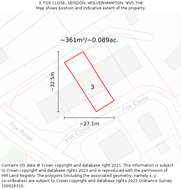 3, FOX CLOSE, SEISDON, WOLVERHAMPTON, WV5 7HE: Plot and title map