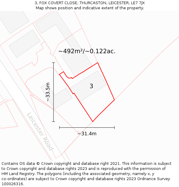 3, FOX COVERT CLOSE, THURCASTON, LEICESTER, LE7 7JX: Plot and title map