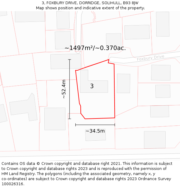 3, FOXBURY DRIVE, DORRIDGE, SOLIHULL, B93 8JW: Plot and title map