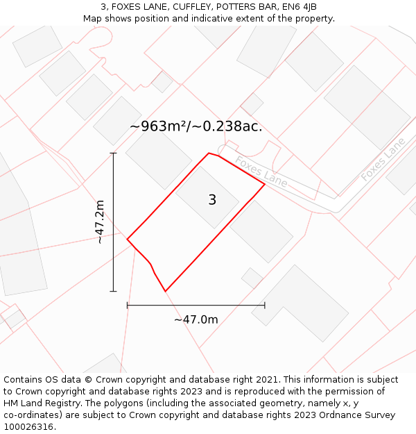 3, FOXES LANE, CUFFLEY, POTTERS BAR, EN6 4JB: Plot and title map